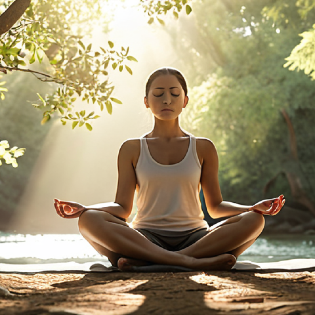 **Meditation Practice**: An illustration of a serene individual sitting cross-legged in a peaceful natural setting, practicing meditation. The scene should depict tranquility, with soft sunlight filtering through trees, and gentle waves in the background. Elements like floating thoughts or emotions represented visually can enhance the theme of mindfulness.