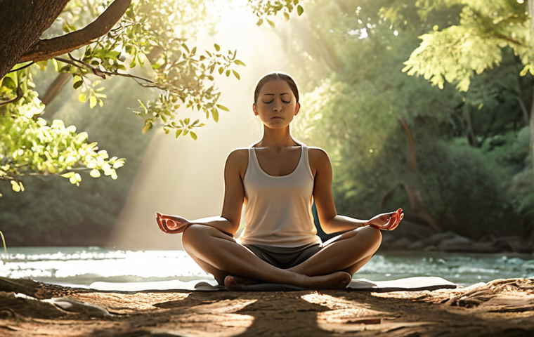 **Meditation Practice**: An illustration of a serene individual sitting cross-legged in a peaceful natural setting, practicing meditation. The scene should depict tranquility, with soft sunlight filtering through trees, and gentle waves in the background. Elements like floating thoughts or emotions represented visually can enhance the theme of mindfulness.