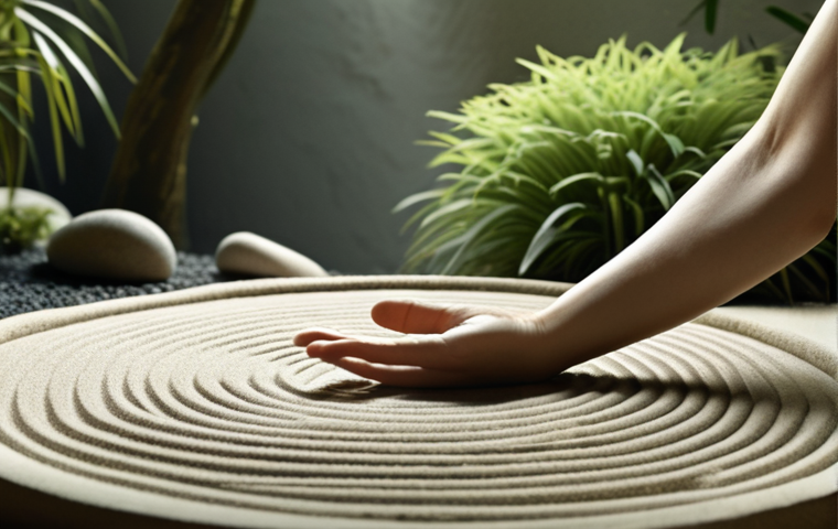 A serene Zen garden scene with a single hand clapping, visualized as an echo or ripple effect. Soft, muted colors with an emphasis on texture and light. The overall mood should be contemplative and peaceful, evoking the feeling of breaking through logical thought.